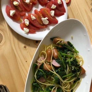 妊婦一人ランチ☆ほうれん草と魚肉ソーセージパスタ